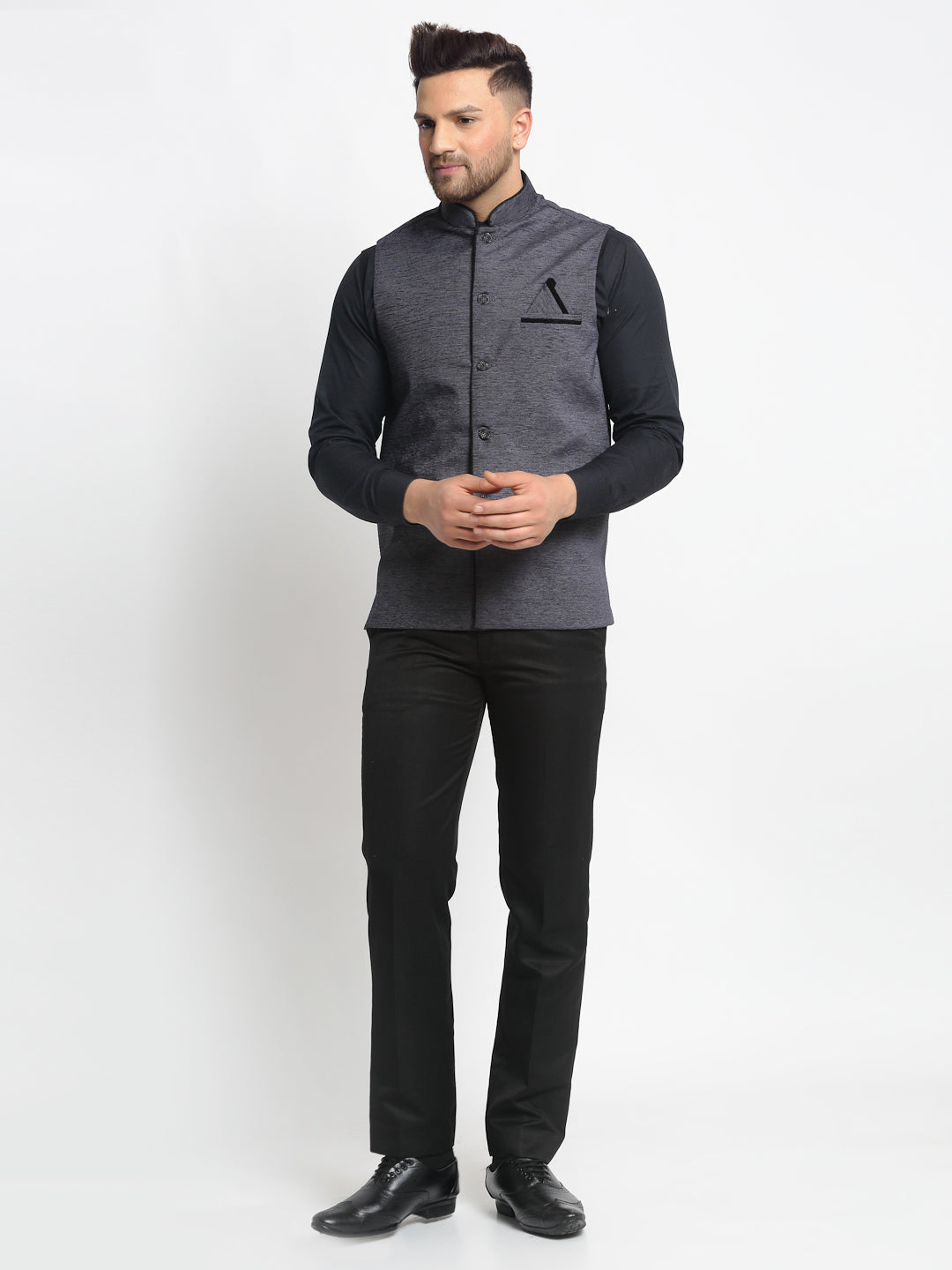 Jompers Men's Grey Solid Nehru Jacket with Square Pocket | Grocsy
