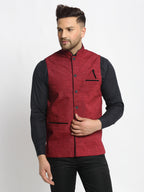 Jompers Men's Maroon Solid Nehru Jacket with Square Pocket | Grocsy