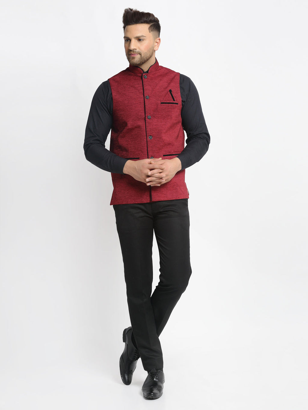 Jompers Men's Maroon Solid Nehru Jacket with Square Pocket | Grocsy