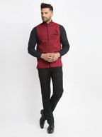 Jompers Men's Maroon Solid Nehru Jacket with Square Pocket | Grocsy