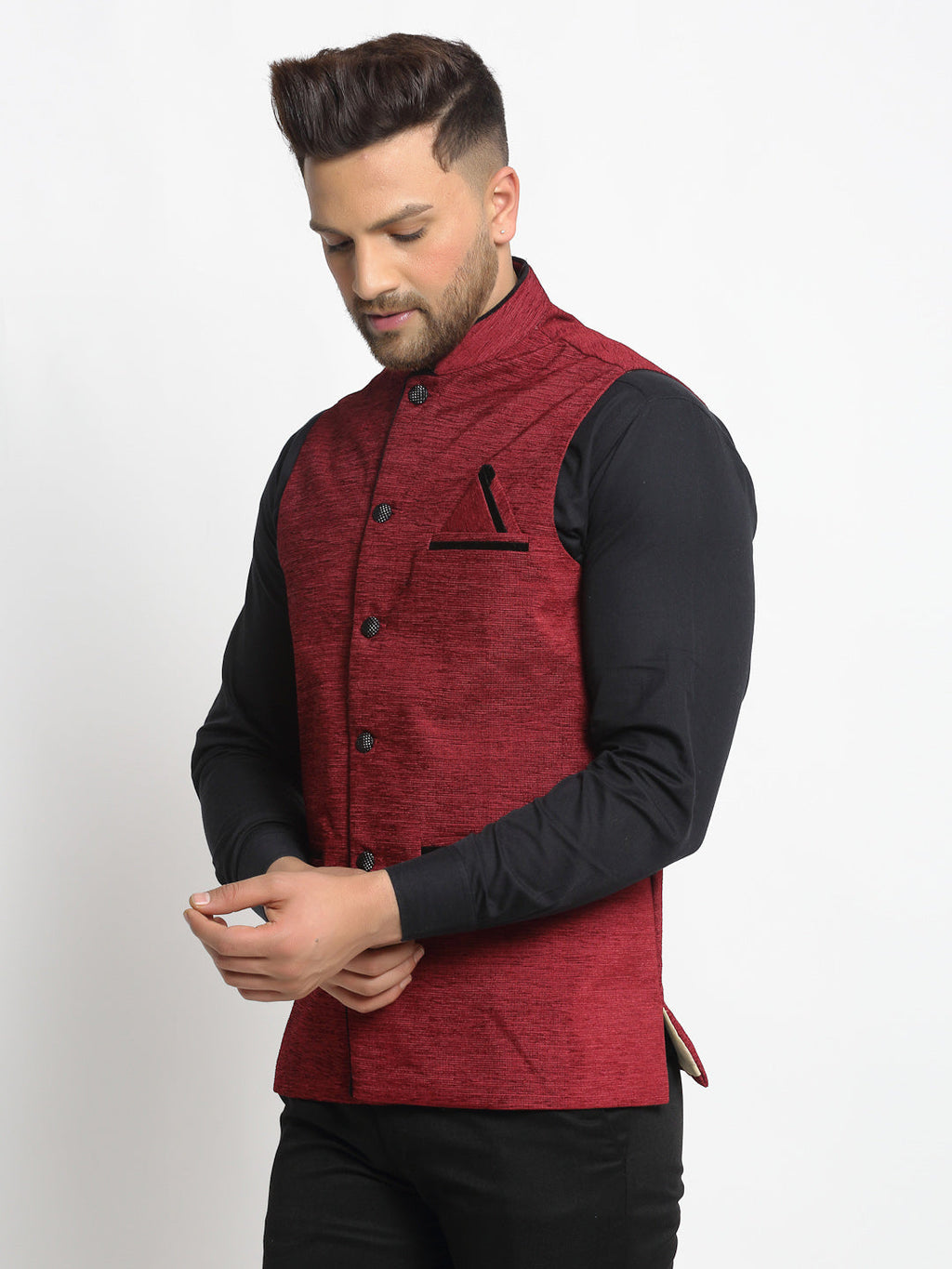 Jompers Men's Maroon Solid Nehru Jacket with Square Pocket | Grocsy