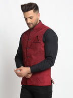 Jompers Men's Maroon Solid Nehru Jacket with Square Pocket | Grocsy