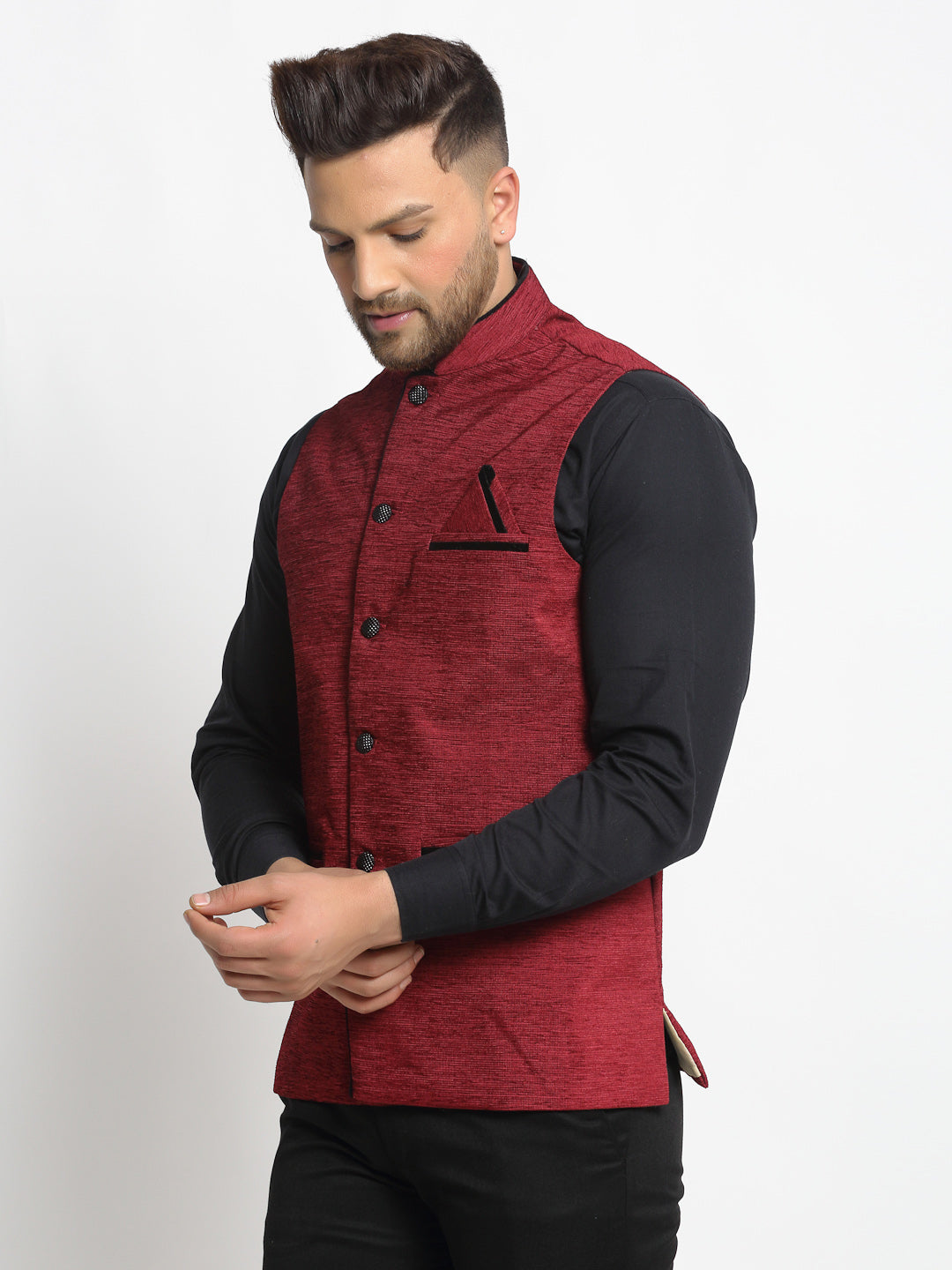 Jompers Men's Maroon Solid Nehru Jacket with Square Pocket | Grocsy