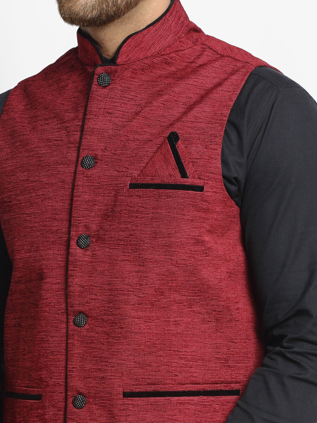 Jompers Men's Maroon Solid Nehru Jacket with Square Pocket | Grocsy