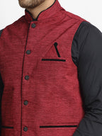Jompers Men's Maroon Solid Nehru Jacket with Square Pocket | Grocsy