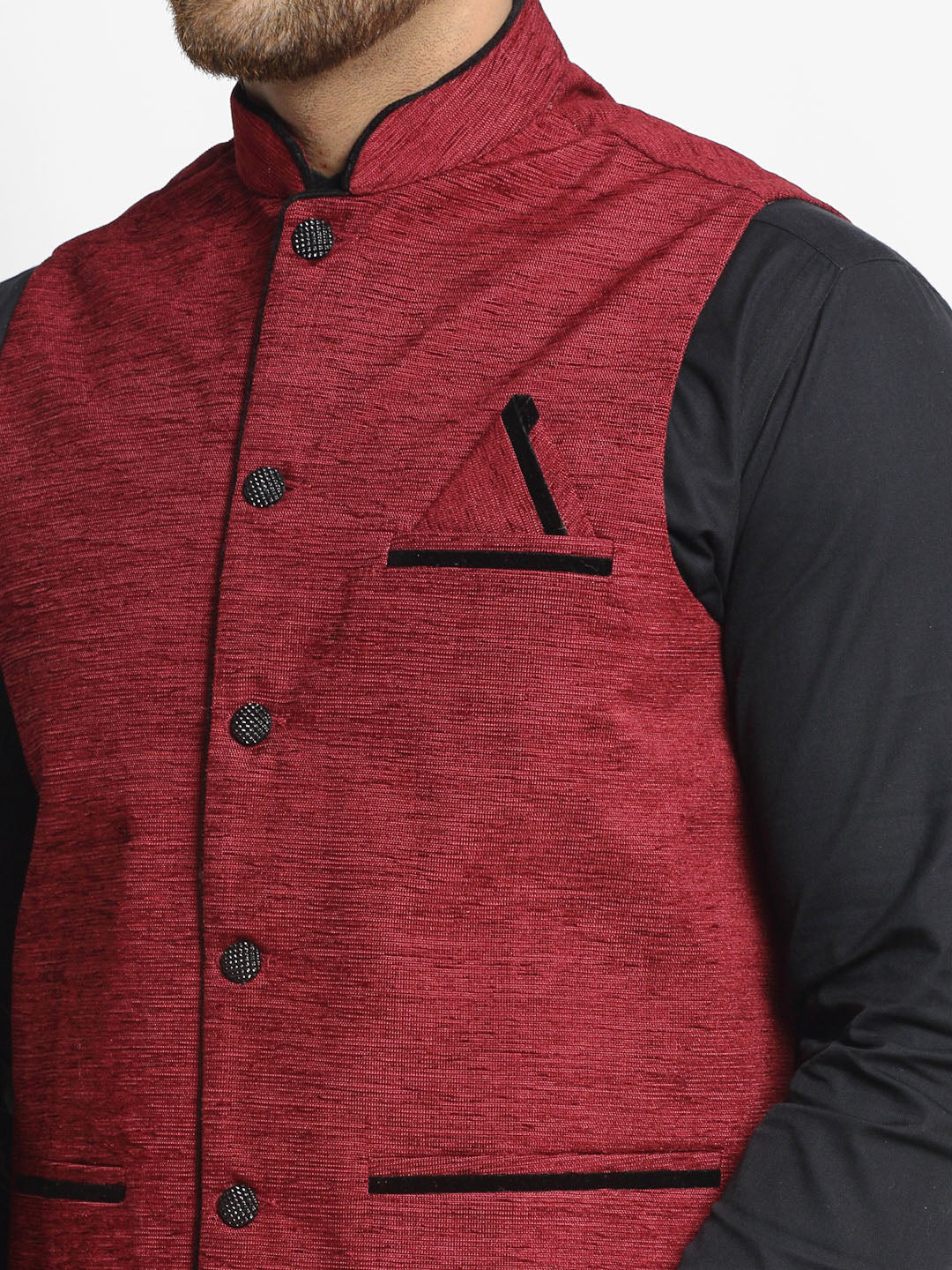 Jompers Men's Maroon Solid Nehru Jacket with Square Pocket | Grocsy