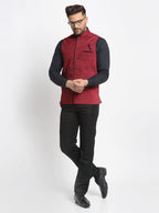 Jompers Men's Maroon Solid Nehru Jacket with Square Pocket | Grocsy