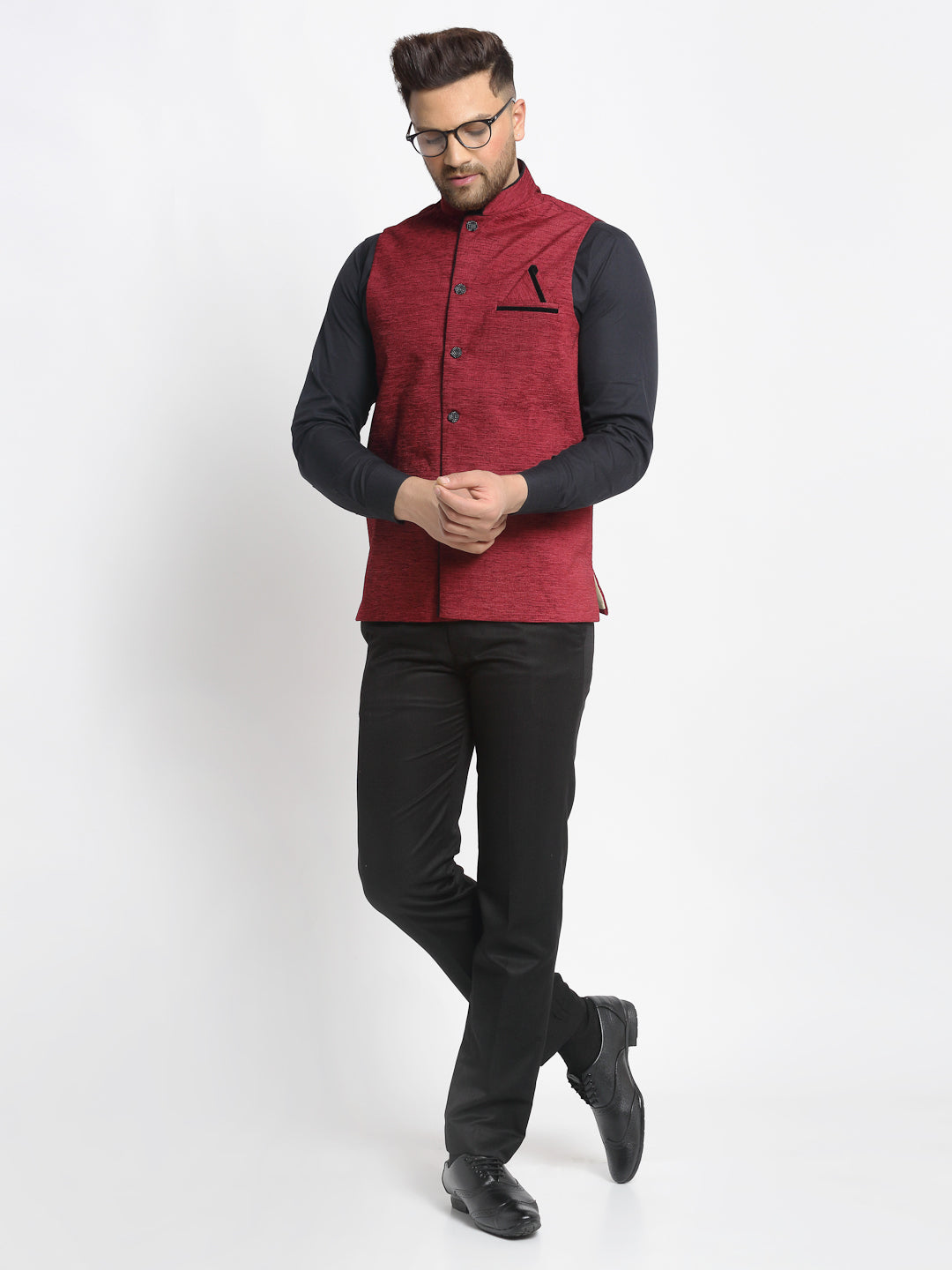 Jompers Men's Maroon Solid Nehru Jacket with Square Pocket | Grocsy
