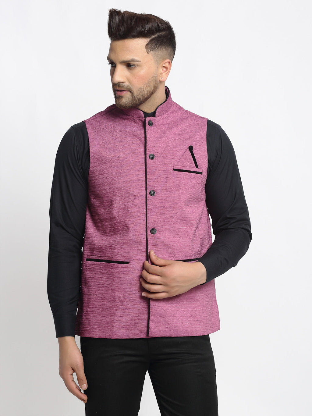 Jompers Men's Purple Solid Nehru Jacket with Square Pocket | Grocsy