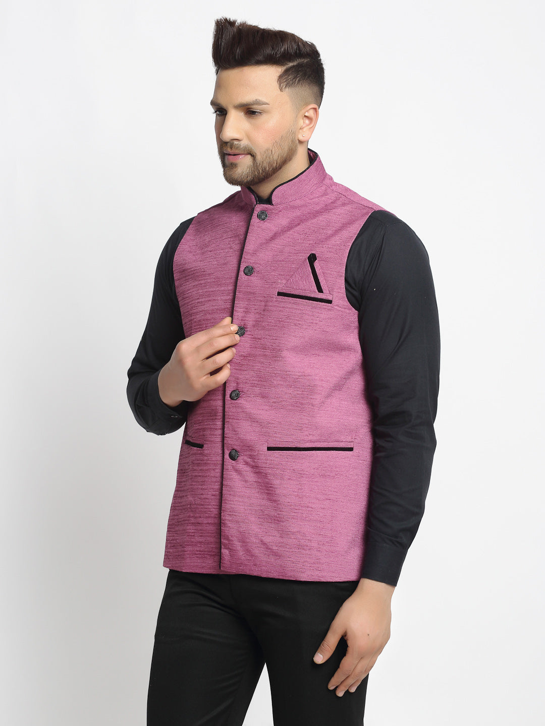 Jompers Men's Purple Solid Nehru Jacket with Square Pocket | Grocsy