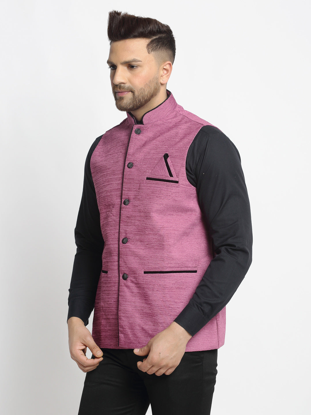 Jompers Men's Purple Solid Nehru Jacket with Square Pocket | Grocsy