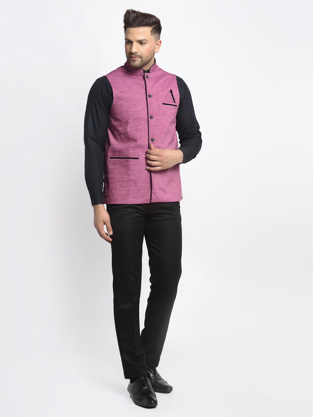 Jompers Men's Purple Solid Nehru Jacket with Square Pocket | Grocsy