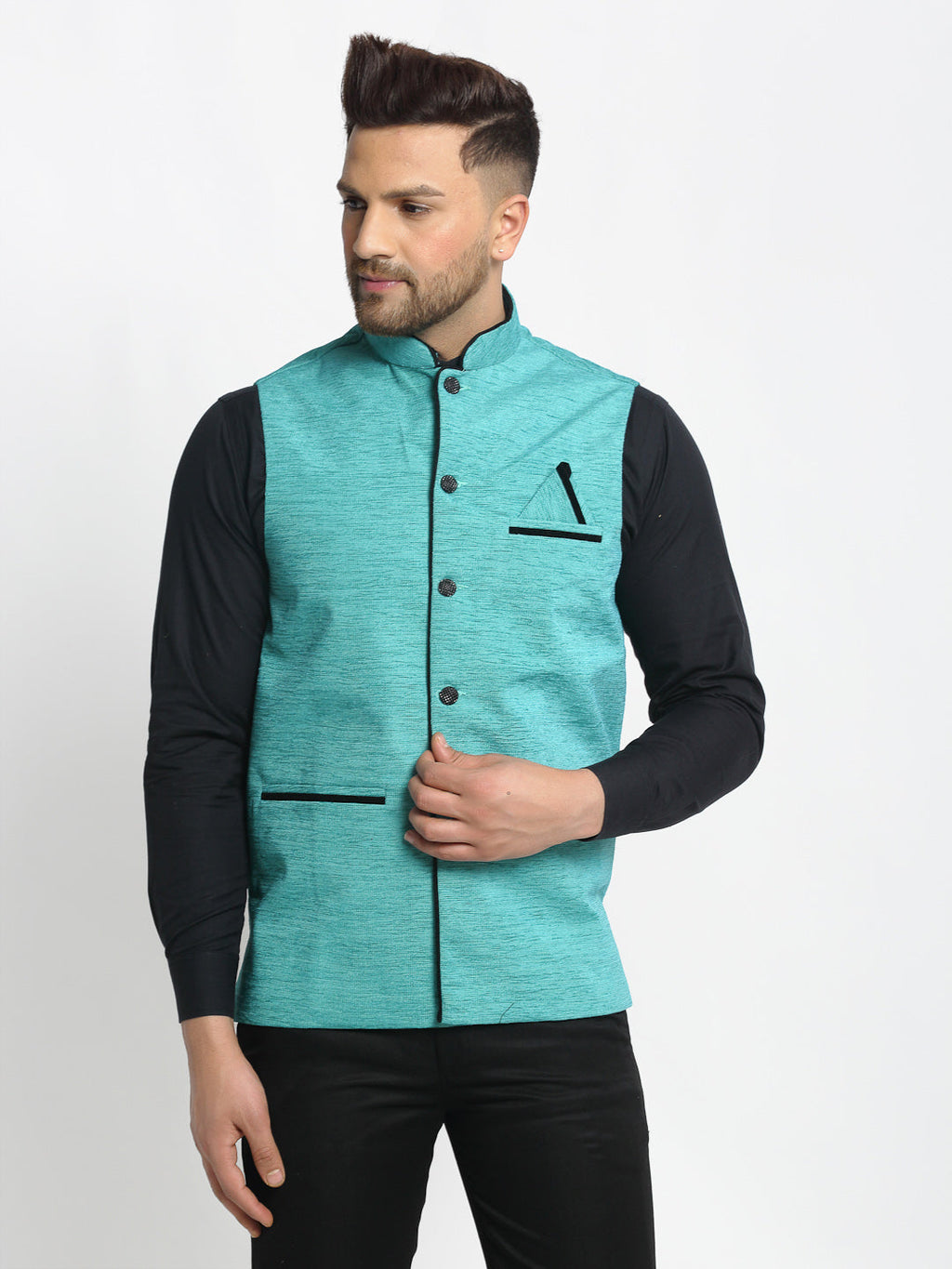Jompers Men's Blue Solid Nehru Jacket with Square Pocket | Grocsy