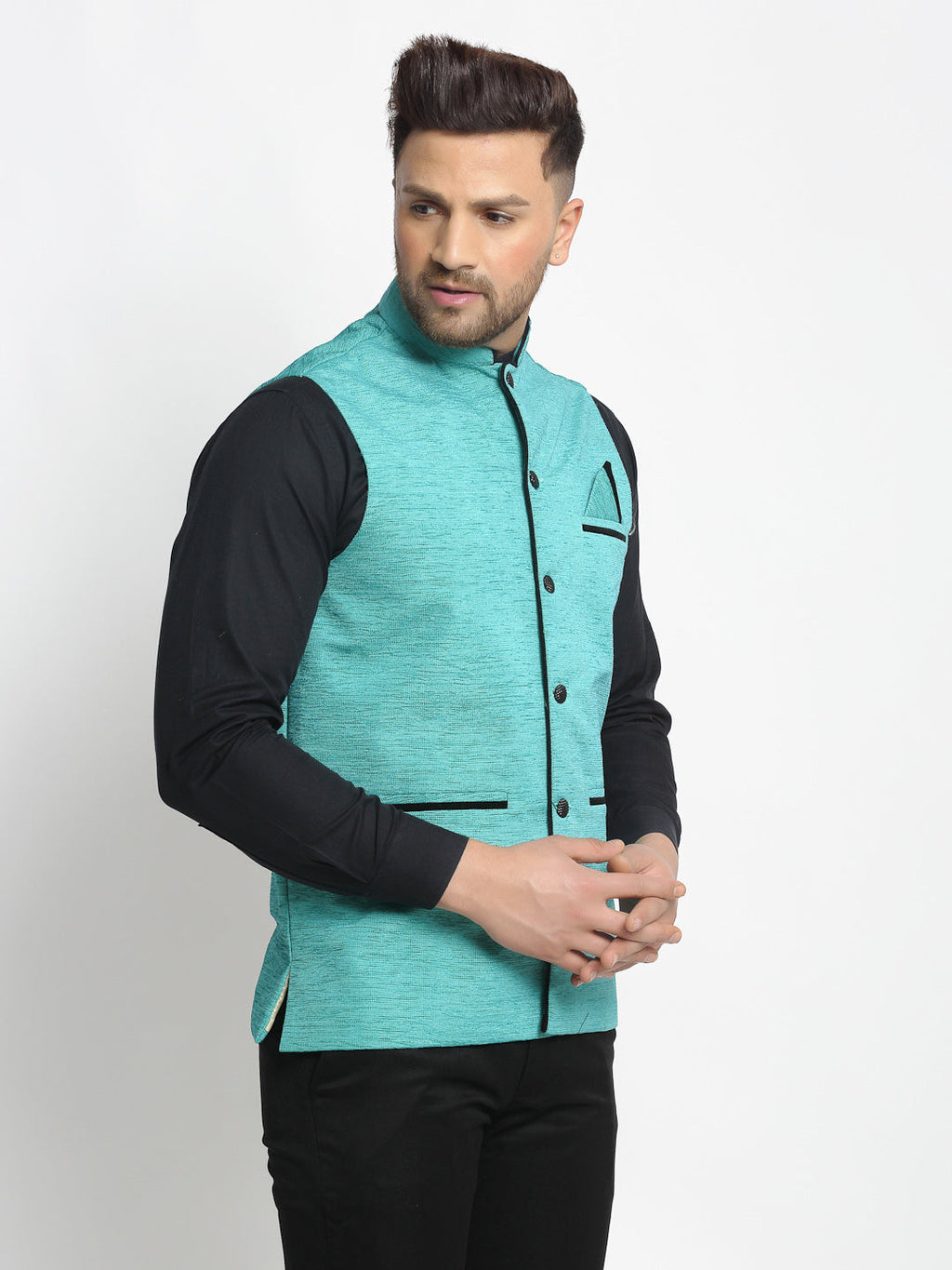 Jompers Men's Blue Solid Nehru Jacket with Square Pocket | Grocsy
