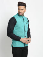 Jompers Men's Blue Solid Nehru Jacket with Square Pocket | Grocsy