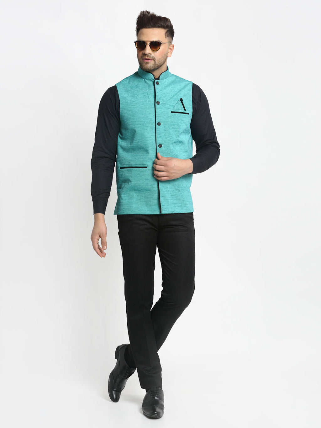Jompers Men's Blue Solid Nehru Jacket with Square Pocket | Grocsy