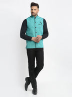 Jompers Men's Blue Solid Nehru Jacket with Square Pocket | Grocsy