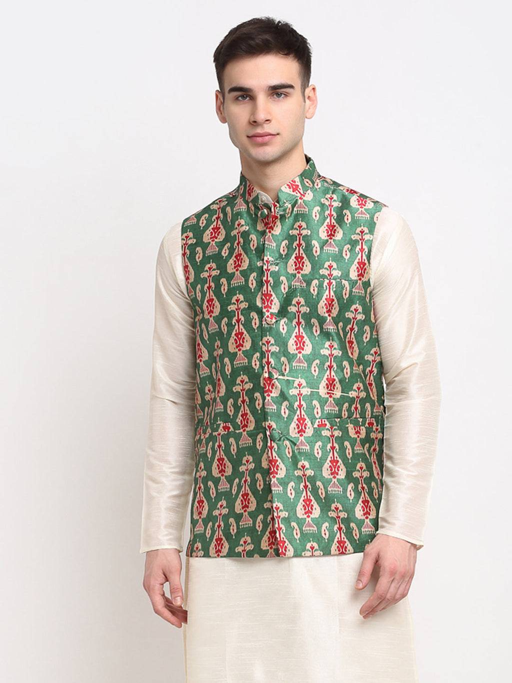 Jompers Men's Green Digital Printed Green Waistcoat | Grocsy