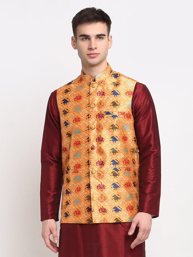 Jompers Men's Orange Digital Printed Orange Waistcoat | Grocsy