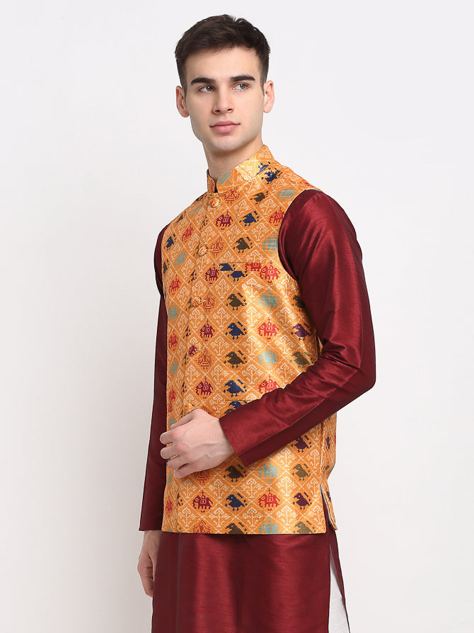 Jompers Men's Orange Digital Printed Orange Waistcoat | Grocsy