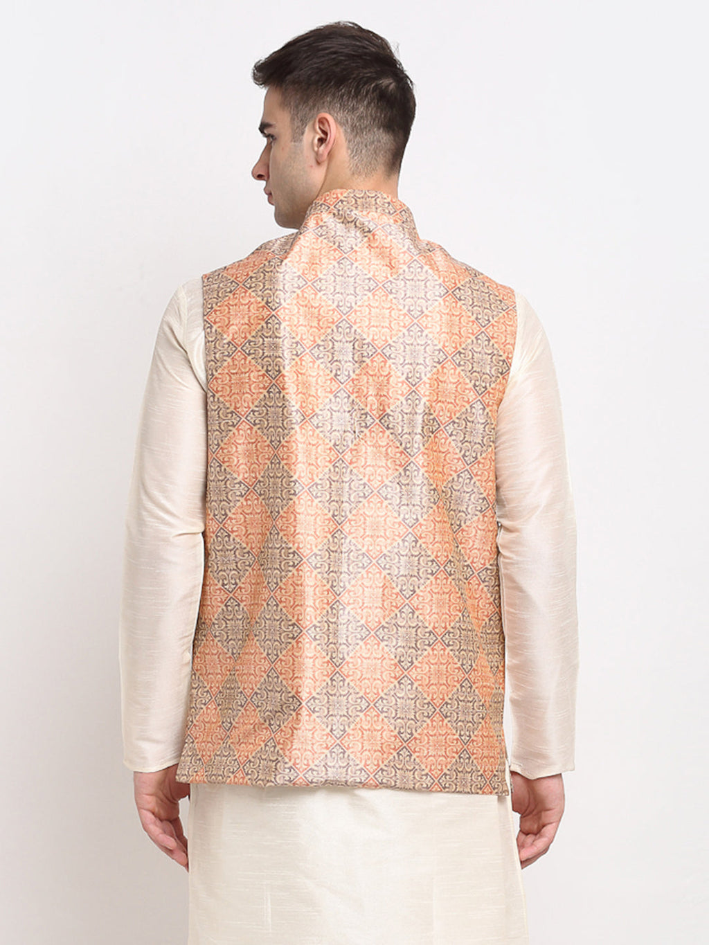 Jompers Men's Peach Digital Printed Peach-Purple Waistcoat | Grocsy