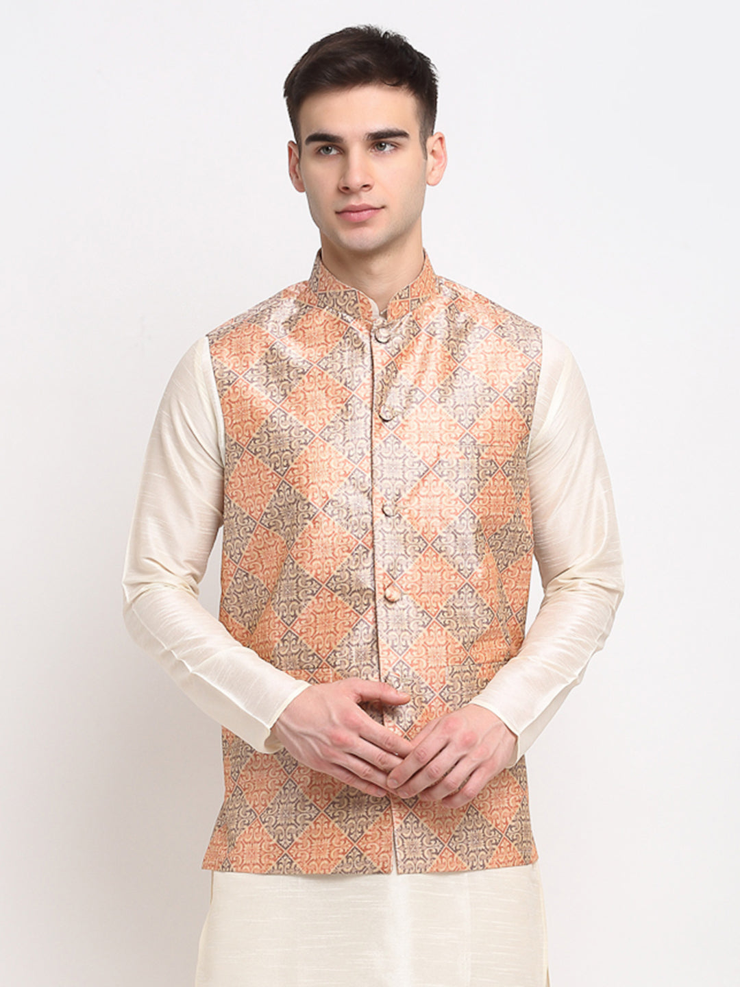 Jompers Men's Peach Digital Printed Peach-Purple Waistcoat | Grocsy
