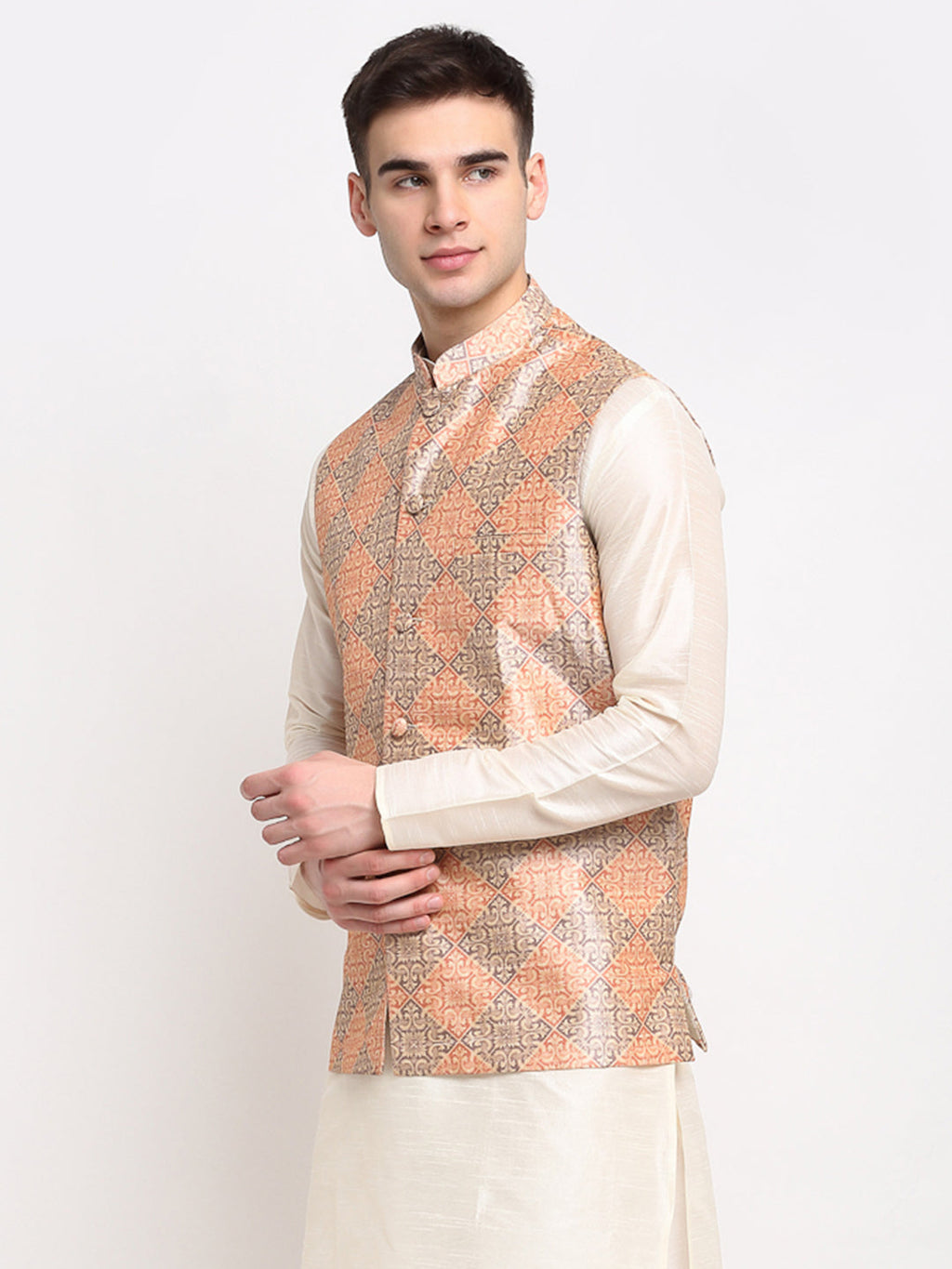 Jompers Men's Peach Digital Printed Peach-Purple Waistcoat | Grocsy