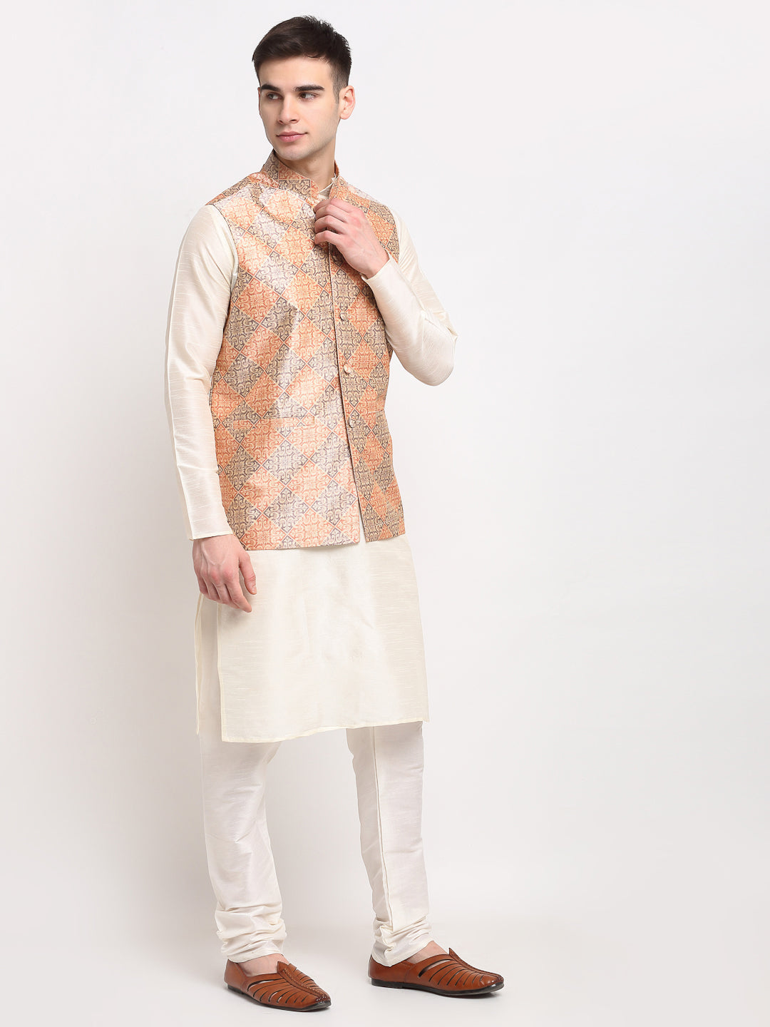 Jompers Men's Peach Digital Printed Peach-Purple Waistcoat | Grocsy