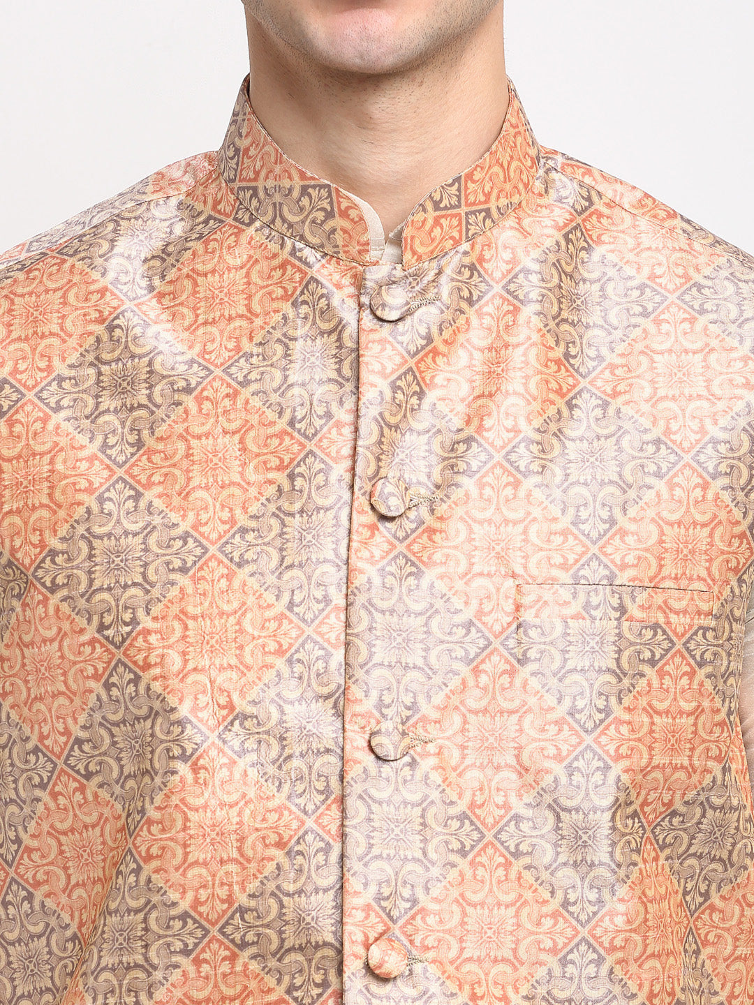 Jompers Men's Peach Digital Printed Peach-Purple Waistcoat | Grocsy