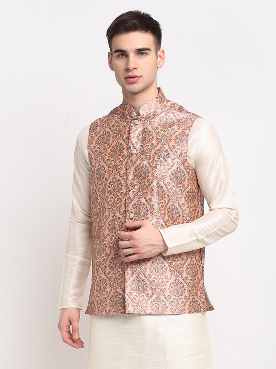 Jompers Men's Peach Digital Printed Peach Waistcoat | Grocsy