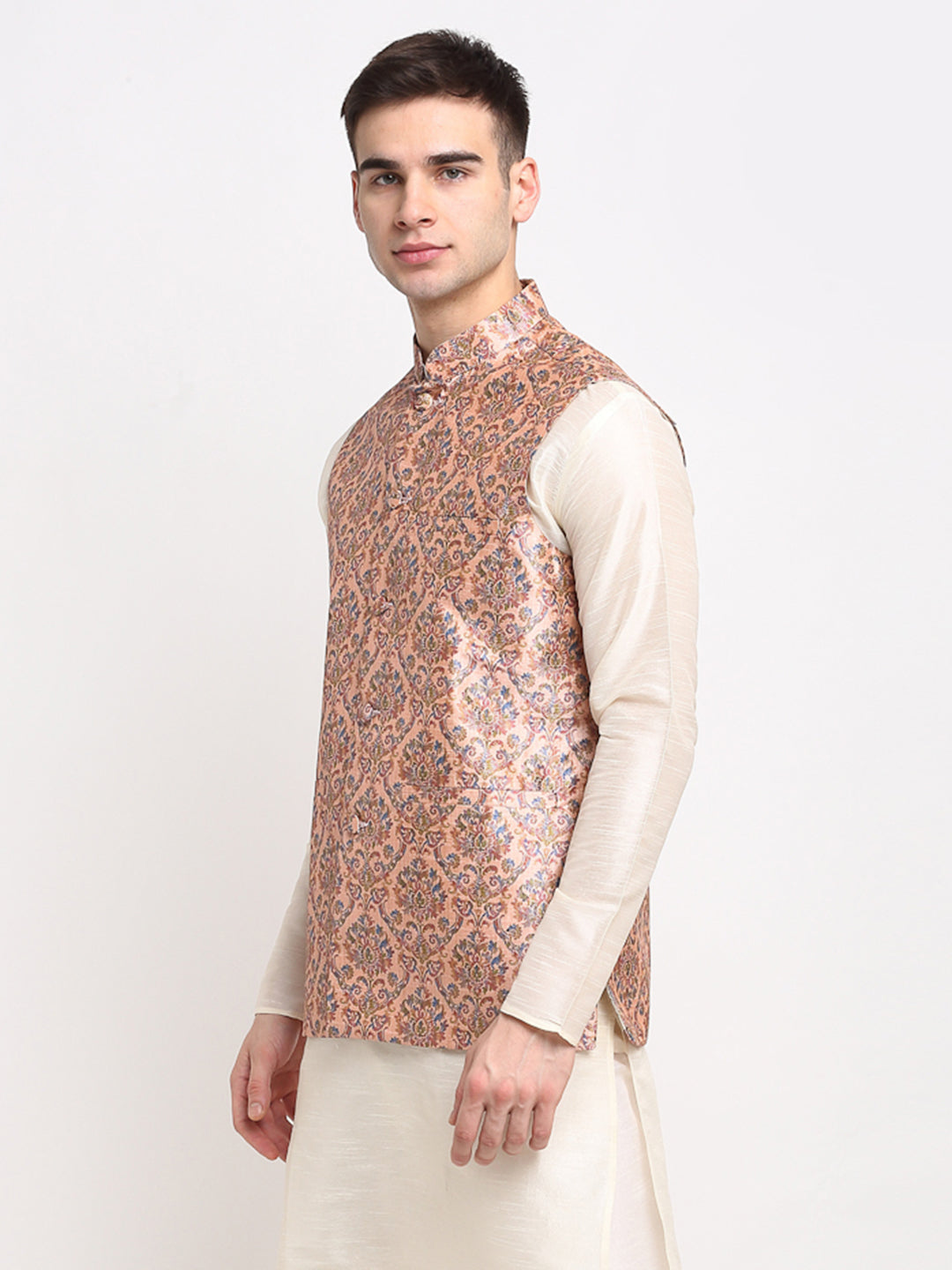 Jompers Men's Peach Digital Printed Peach Waistcoat | Grocsy
