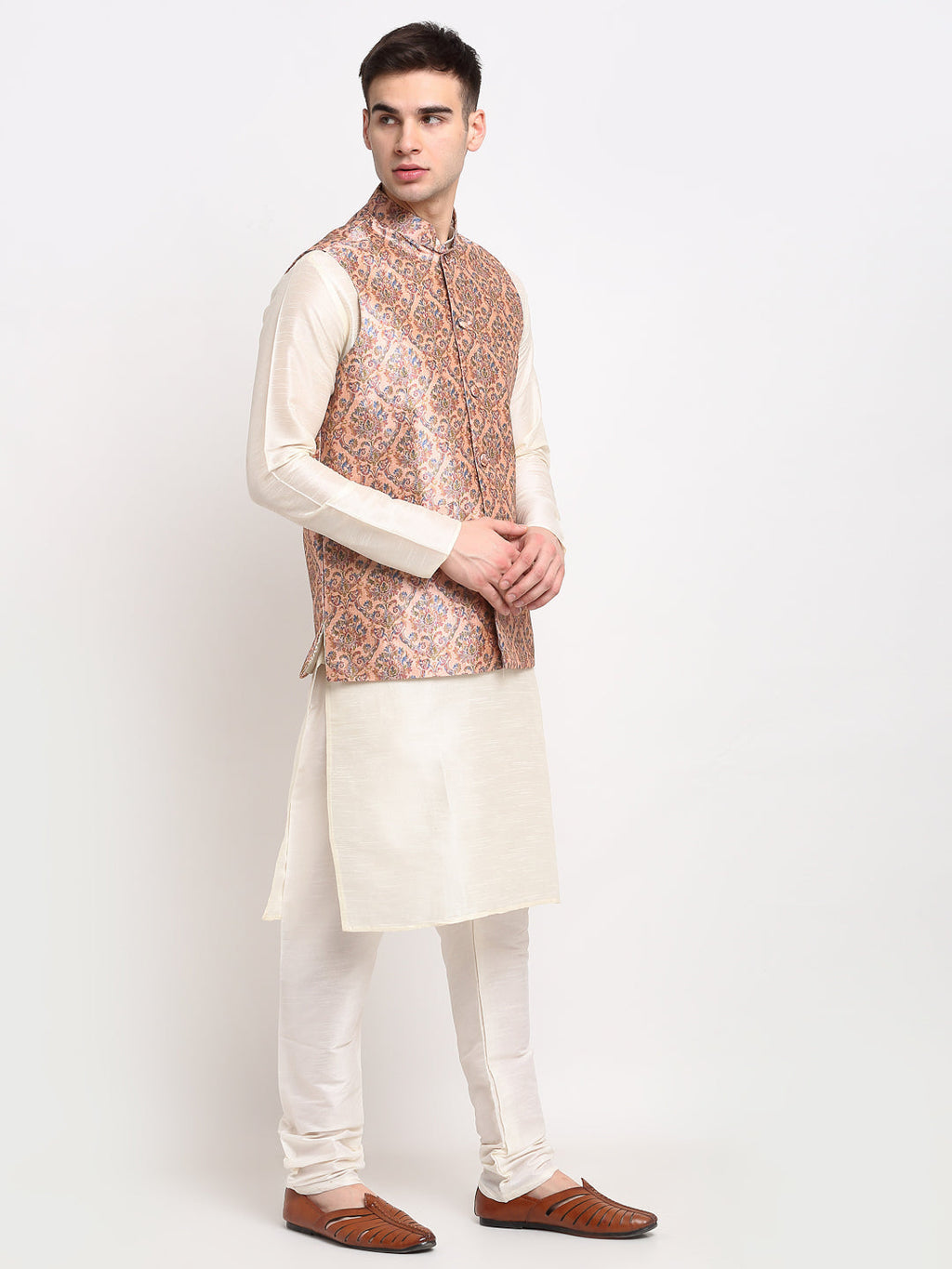 Jompers Men's Peach Digital Printed Peach Waistcoat | Grocsy
