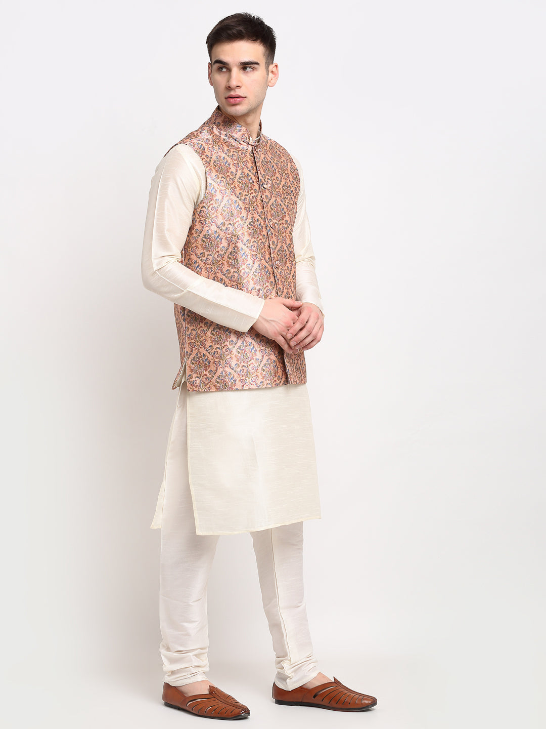 Jompers Men's Peach Digital Printed Peach Waistcoat | Grocsy