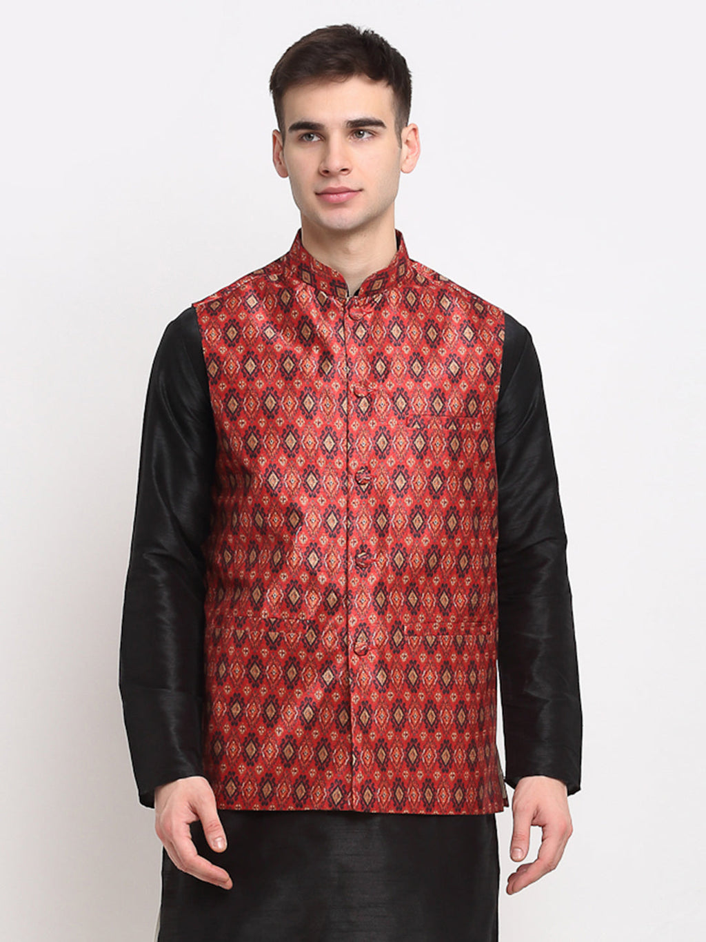 Jompers Men's Red Digital Printed Red Waistcoat | Grocsy