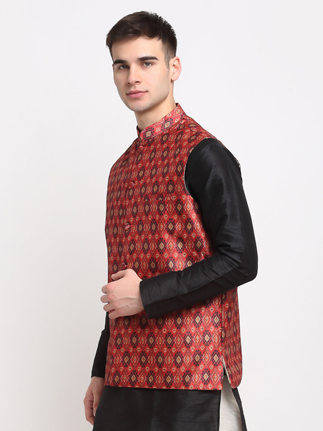 Jompers Men's Red Digital Printed Red Waistcoat | Grocsy
