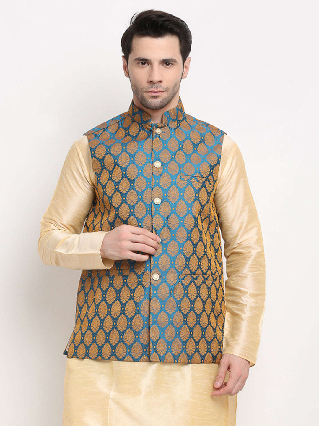 Jompers Men's Blue Self-Designed Blue Waistcoat | Grocsy