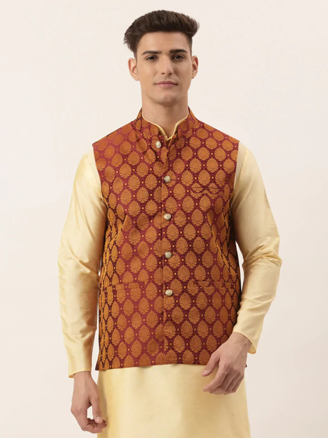 Jompers Men's Maroon Self-Designed Waistcoat | Grocsy