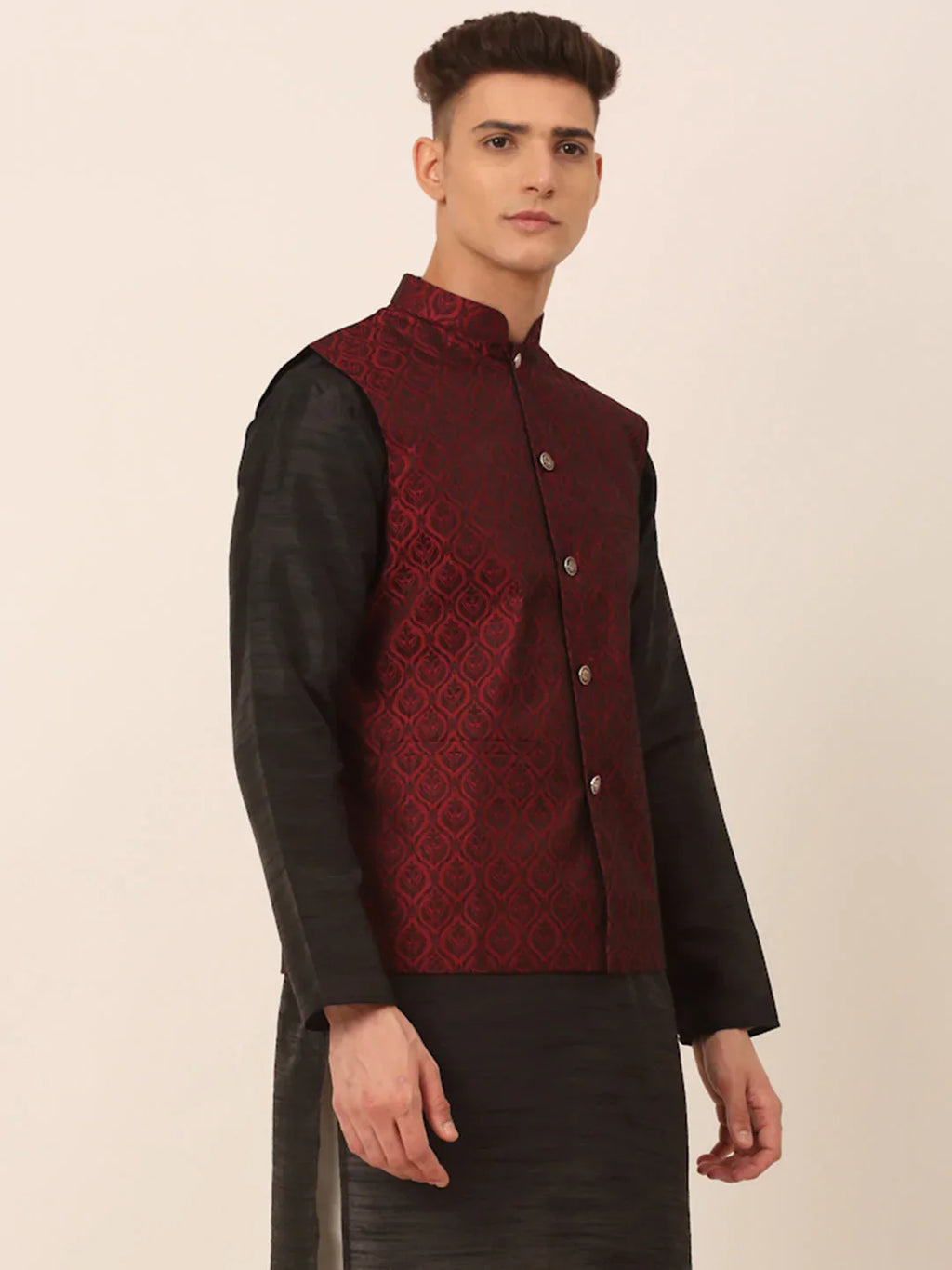 Jompers Men's Maroon Self-Designed Maroon Waistcoat | Grocsy