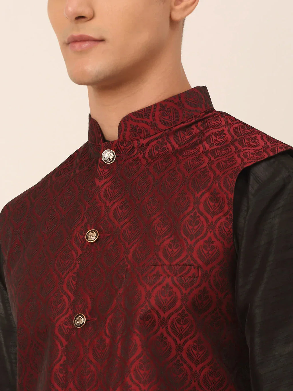 Jompers Men's Maroon Self-Designed Maroon Waistcoat | Grocsy
