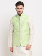 Jompers Men's Green Green and White Embroidered Nehru Jacket | Grocsy