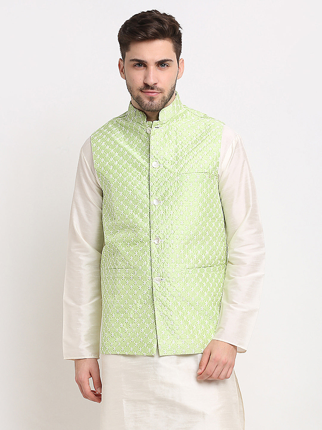 Jompers Men's Green Green and White Embroidered Nehru Jacket | Grocsy
