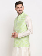 Jompers Men's Green Green and White Embroidered Nehru Jacket | Grocsy