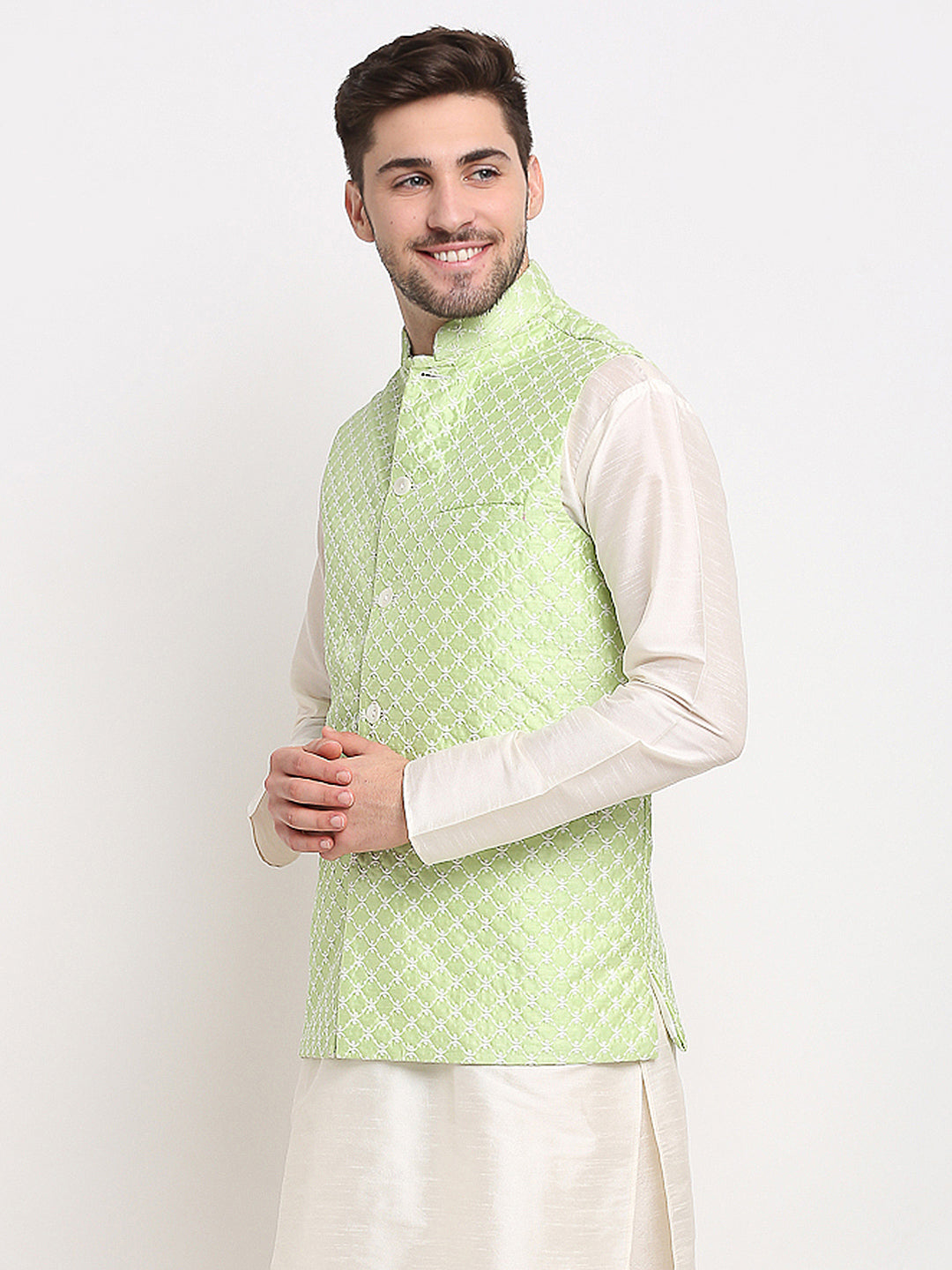 Jompers Men's Green Green and White Embroidered Nehru Jacket | Grocsy