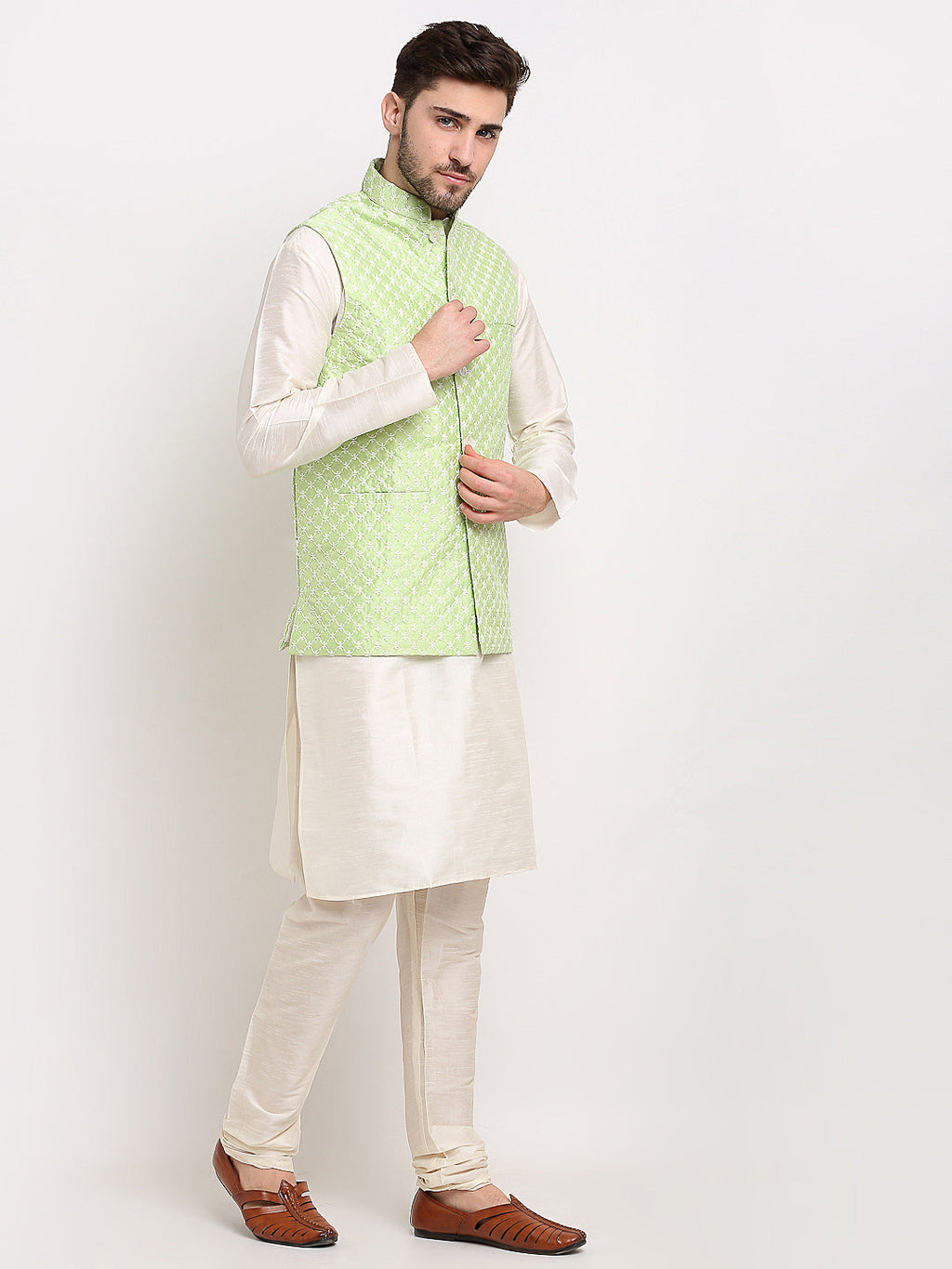 Jompers Men's Green Green and White Embroidered Nehru Jacket | Grocsy