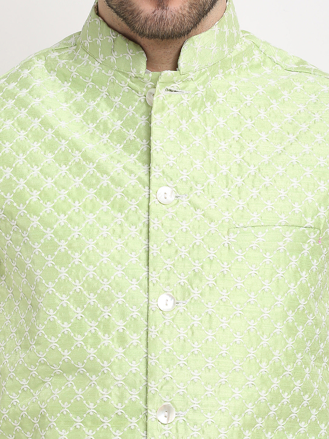 Jompers Men's Green Green and White Embroidered Nehru Jacket | Grocsy