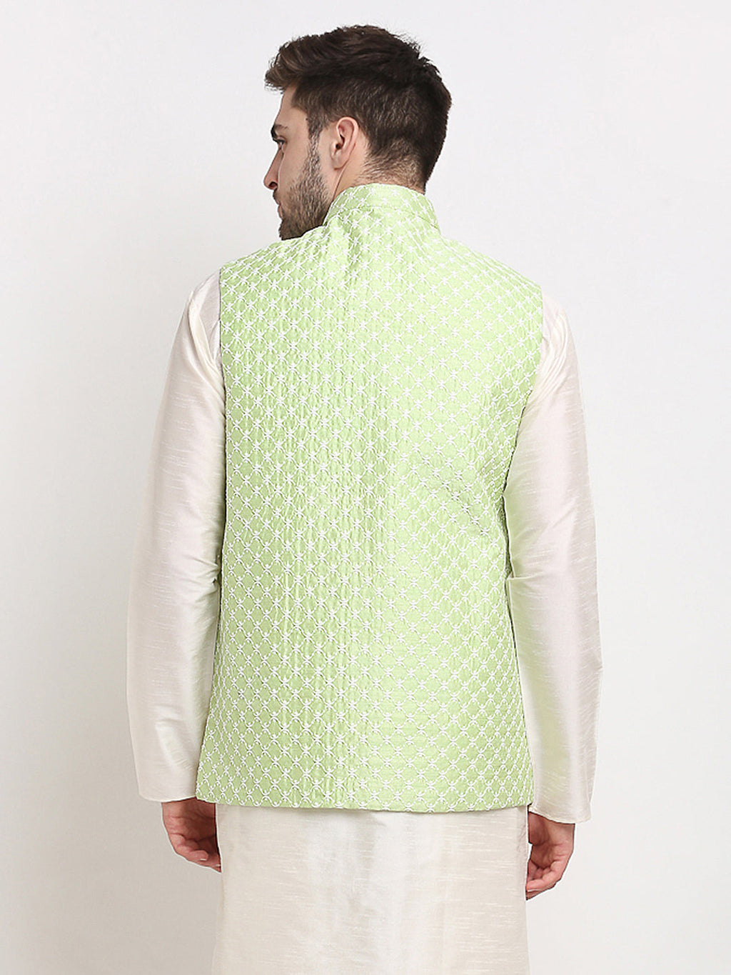 Jompers Men's Green Green and White Embroidered Nehru Jacket | Grocsy
