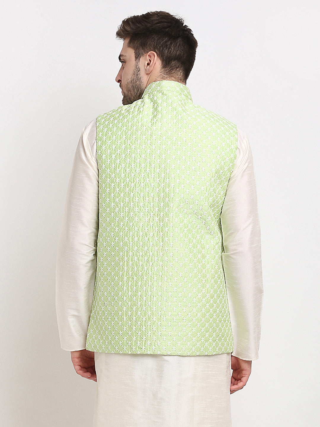 Jompers Men's Green Green and White Embroidered Nehru Jacket | Grocsy
