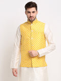 Jompers Men's Mustard Mustard and White Embroidered Nehru Jacket | Grocsy