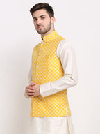 Jompers Men's Mustard Mustard and White Embroidered Nehru Jacket | Grocsy