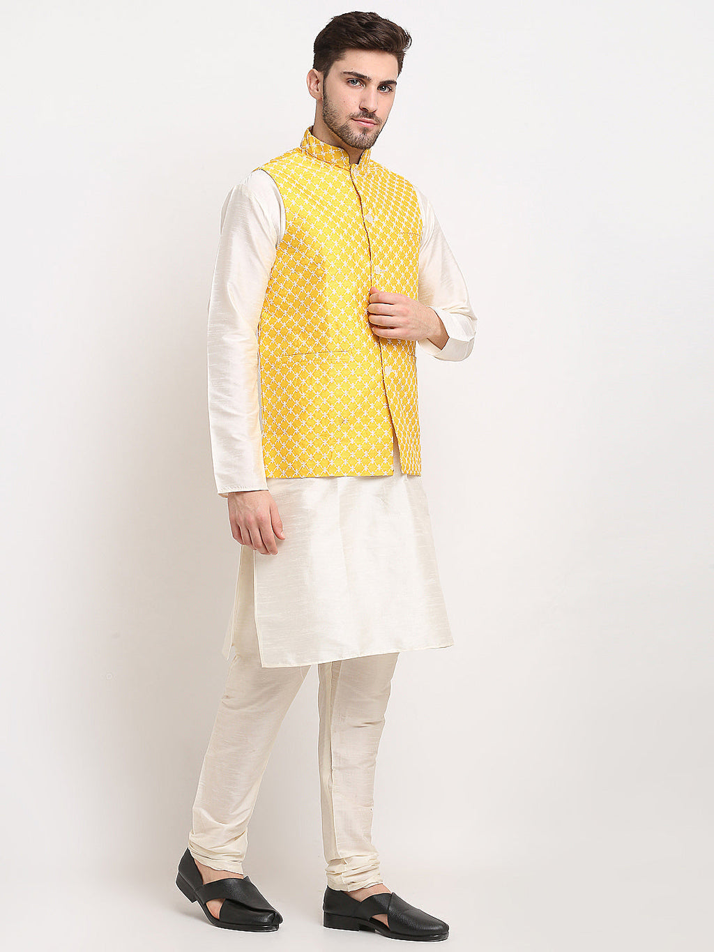 Jompers Men's Mustard Mustard and White Embroidered Nehru Jacket | Grocsy